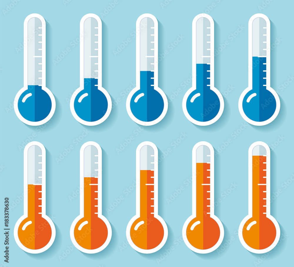 Poster thermometers in flat style, cold and hot temperature, design element on color background. vector des
