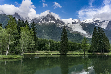 Naklejka na ściany i meble Lake Gaillands with a view of the Mont Blanc. Chamonix. France.