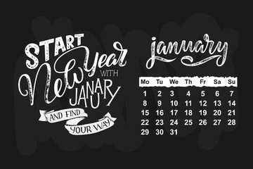 Vector calendar for month 2 0 1 8. Hand drawn lettering quote for calendar design