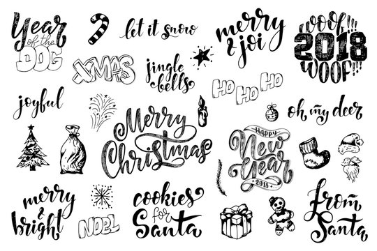 Vintage Merry Christmas And Happy New Year Calligraphic And Typographic Phrases. Hand drawn lettering quote and christmas elements