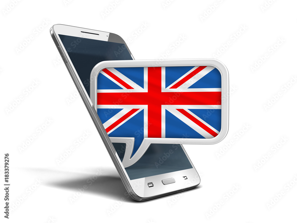Poster touchscreen smartphone and speech bubble with uk flag. image with clipping path