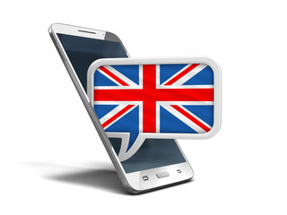 Touchscreen smartphone and Speech bubble with UK flag. Image with clipping path