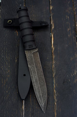 A large military knife with a plastic case. Top view.