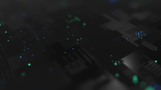 Abstract high tech digital technology background made of particles and metallic plates.  3D animation of seamless loop.