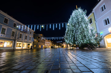 Main Square and Christmas tree of Schladming, Styria, Austria at night