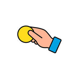 Hand hold coin icon, pay, insert, giving money color symbol. Vector