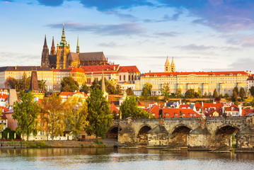 Fototapeta na wymiar Prague historical center with the castle,Hradcany,Charles bridge and Vltava river, Prague, Czech Republic