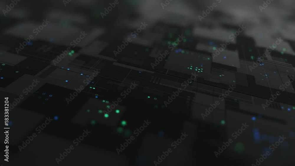 Poster abstract high tech digital technology background made of particles and metallic plates. 3d animation