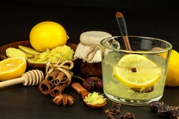Ginger lemon honey and rosehip tea against influenza. Hot tea for colds. Home Pharmacy.