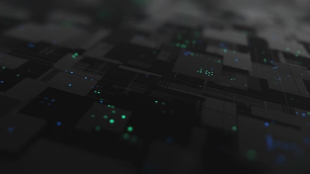 Abstract high tech digital technology background made of particles and metallic plates.  3D animation of seamless loop.
