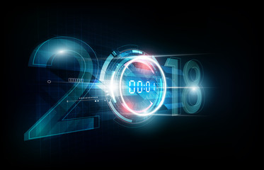 Happy New Year 2018 celebration with white light abstract digital clock on futuristic technology background, countdown concept, vector illustration