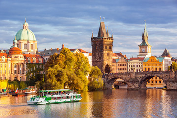 Scenic view on Vltava river and historical center of Prague,buildings and landmarks of old town, Prague, Czech Republic