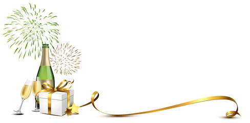 Sekt mit Feuerwerk, Geschenk, Sektgläser und Gold Band 