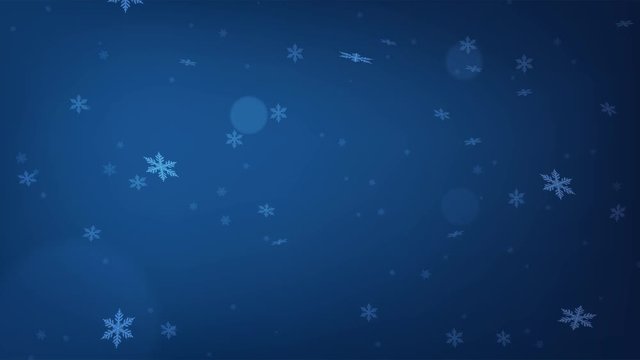 Beautiful dark blue loopable abstract winter snow background with falling snowflakes and floating blurry glitter particles lights. 4K seamless loop video footage of the snowfall.