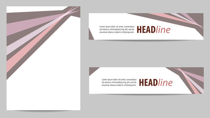 Cover A4 and two banners. Geometric cinereous background, template with white text place. Flat layouts for brochures, books, magazines, headers, annual reports, advertising. EPS10 vector design