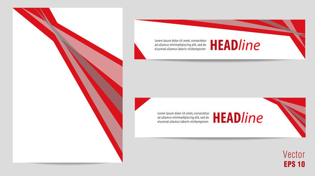 Cover A4 and two headers with bright red decor. Geometric backgrounds, template layouts for brochures, books, banners, portfolio, annual reports, advertising. White place for text. EPS10 vector design