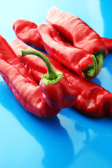 fresh and tasty red bell peppers on blue. background