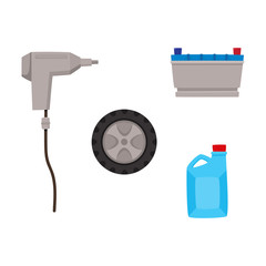 vector flat car service, maintenance icons set. Automatic screwdriver, car wheel, engine oil canister and car battery. Isolated illustration on a white background