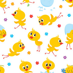 Easter seamless pattern, backdrop, textile design with cute baby chickens, egg shells and flowers, cartoon vector illustration on white background. Baby chicken seamless pattern, Easter design