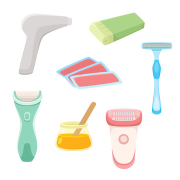 vector flat hair removal tools set. Electric epilator, shaver, shaving razor, waxing strips, hot wax in bowl and laser machine icons for your design. Isolated illustration on a white background.