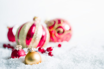Christmas decoration, fir-tree glass balls, holidays, new year and decor concept. Closeup New...