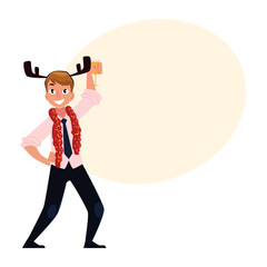 Happy man in reindeer horns having fun at corporate Christmas party, cartoon vector illustration with space for text. Man in reindeer horns celebrating Christmas, holding glass of champagne