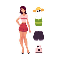 vector flat woman and summer outfit set. Summer hat, sunglasses shorts, shirt and instant vintage camera. Fashionable trendy style female clothing. Isolated illustration on a white background.