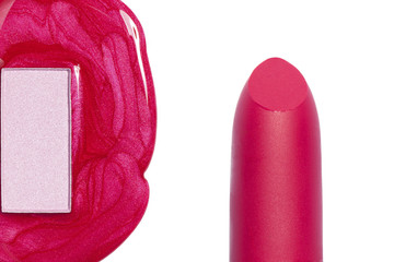 Red fashionable lipstick on white background