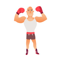 Young, bald Caucasian male boxer raising arms in boxing gloves, flat vector illustration isolated on white background. Front view full length portrait of young, bald Caucasian boxer