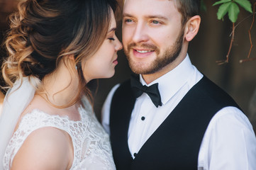 Happy bride and groom tenderly embrace. Beautiful bride in a dress with lace.