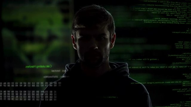 Anonymous internet male hacker with numbers and codes illustration background