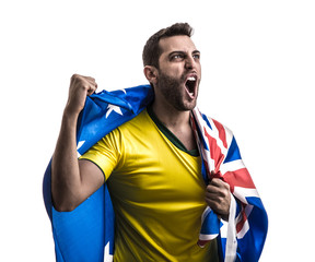 Australian fan celebrating on white background