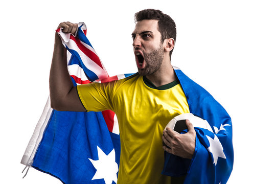 Australian fan celebrating on white background