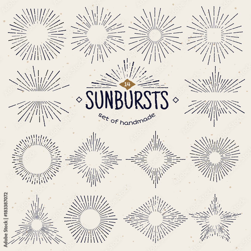 Aufkleber geometric hand drawn sunburst, sun beams in different forms. star shining with rays in form of lines