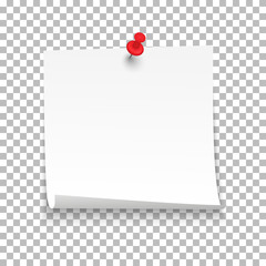 White sheet of note paper with push pin on a transparent background. Vector illustration - obrazy, fototapety, plakaty