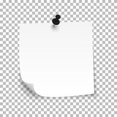 White sheet of note paper with push pin on a transparent background. Vector illustration