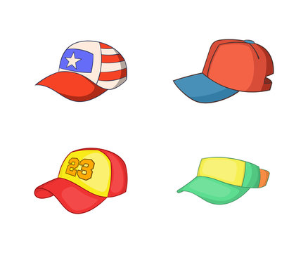 Baseball cap icon set, cartoon style