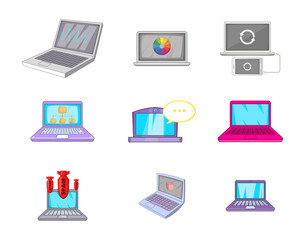 Laptop icon set, cartoon style