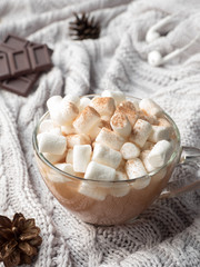 Cozy winter home background. Cocoa in a glass Cup with a marshmallow, chocolate cinnamon cones and nuts