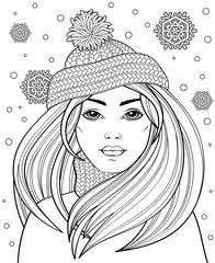 Young beautiful girl with long hair in knitted hat. Tattoo or adult antistress coloring page. Black and white hand drawn doodle for coloring book
