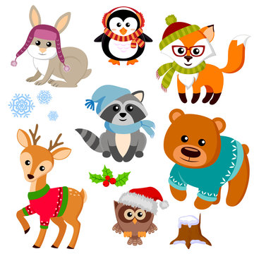 Winter animals in sweater, hat, scarf, glasses. Fox, bear, raccon, deer, owl, rabbit and penguin