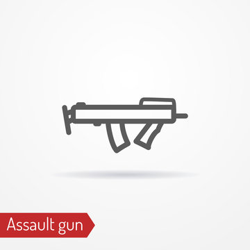 Abstract compact assault firearm. Isolated icon in line style with shadow. Police or army special forces weapon. Military vector stock image.
