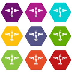 Military fighter plane icon set color hexahedron