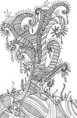Coloring page with surreal landscape  tree.