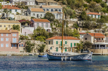 sailboat in the bay of assos on the island of kefalonia