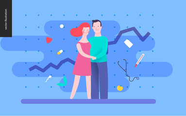 Reproduction - a couple planning a baby, on a blue background, plot and medicine elements