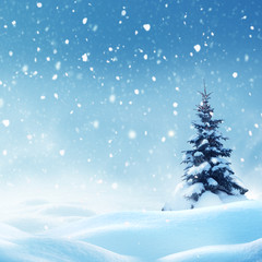 Fototapeta premium Christmas background with snow.Winter night landscape. Happy new year greeting card with copy-space.