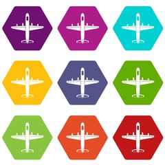 Military plane icon set color hexahedron