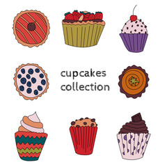 8 cupcakes set in cartoon style