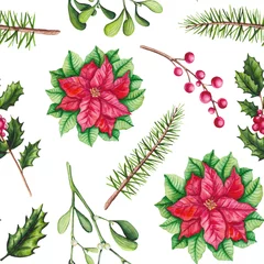 Fotobehang Tropische Bladeren Seamless Pattern of Watercolor Poinsettia, Holly and Mistletoe  © Nebula Cordata
